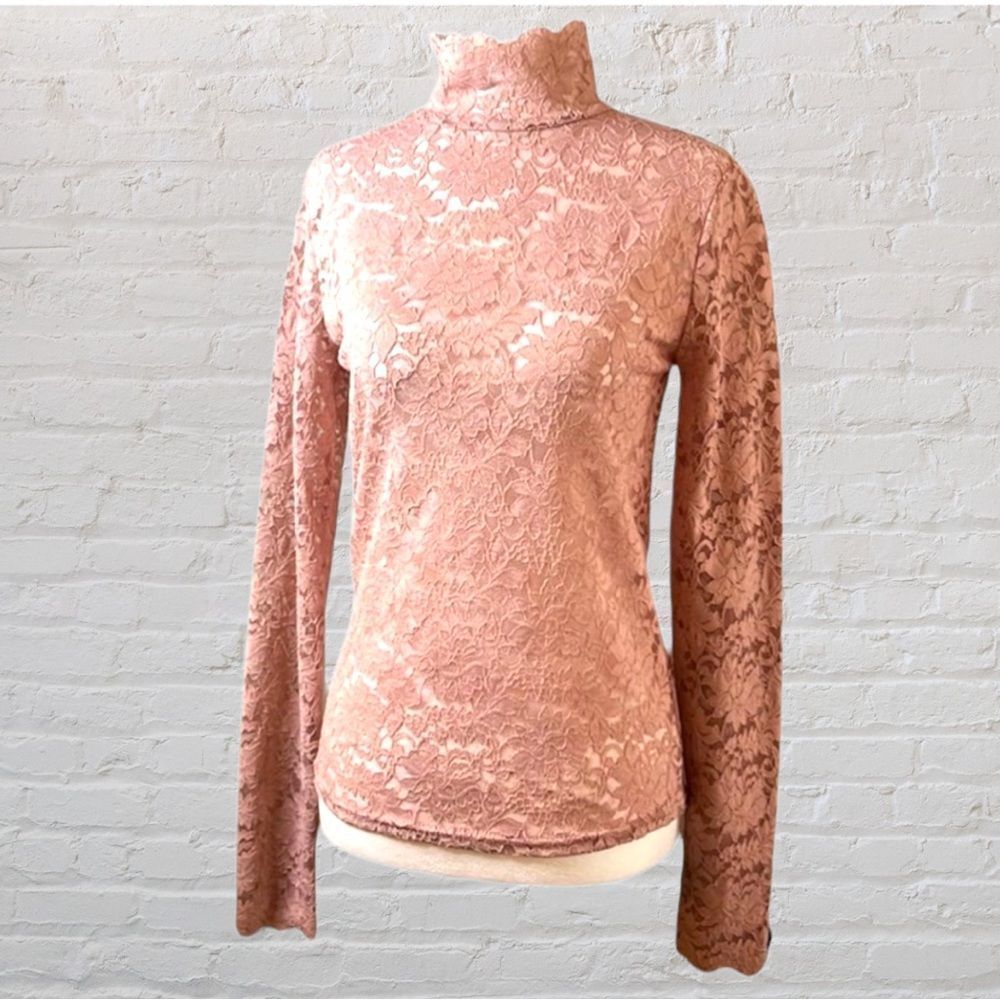 PINK stretchy long sleeve mock turtleneck lacy sheer blouse/top size medium